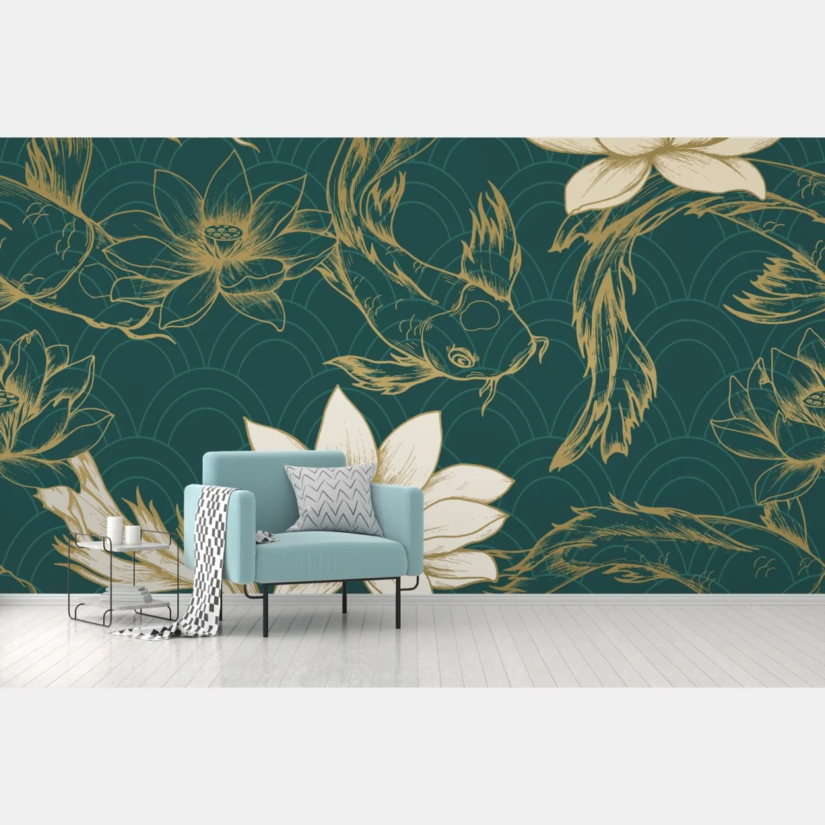 Fototapeta orientalny wzór koi i lotosów w turkusie i złocie – Wallissimo® Fototapeta orientalny wzór koi i lotosów w turkusie i złocie – Wallissimo®