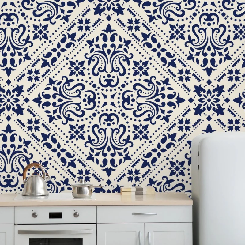 Fototapeta granatowy wzór damaskowy na płytkach – Wallissimo® Fototapeta granatowy wzór damaskowy na płytkach – Wallissimo®