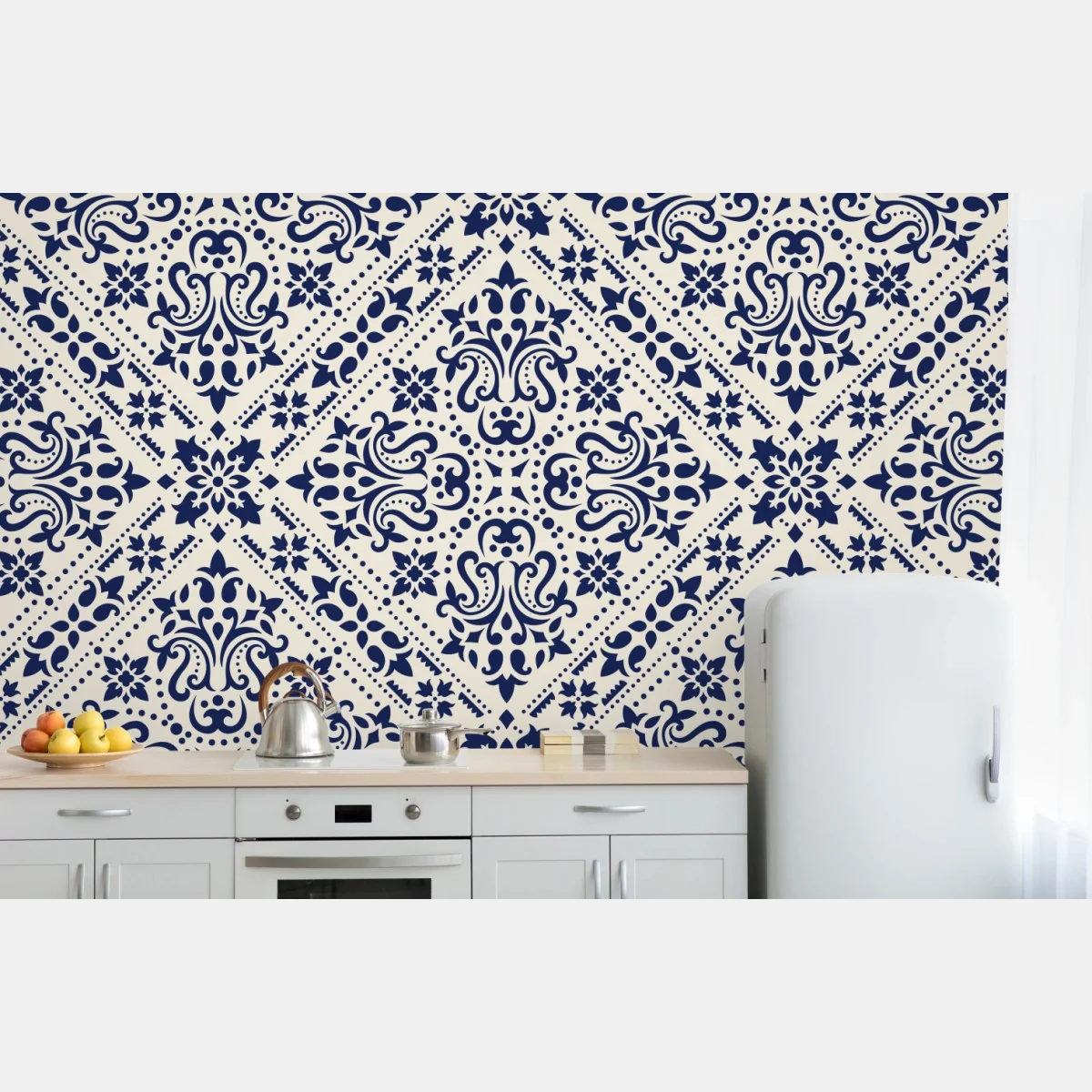 Fototapeta granatowy wzór damaskowy na płytkach – Wallissimo® Fototapeta granatowy wzór damaskowy na płytkach – Wallissimo®
