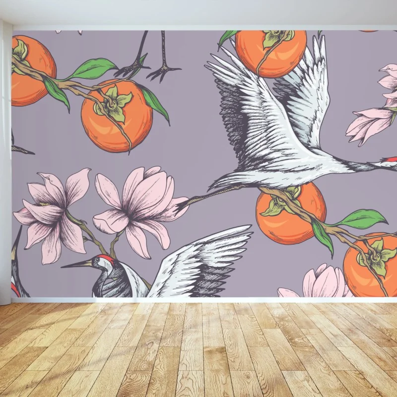 Fototapeta żurawie i kwiaty persymony – Wallissimo® Fototapeta żurawie i kwiaty persymony – Wallissimo®