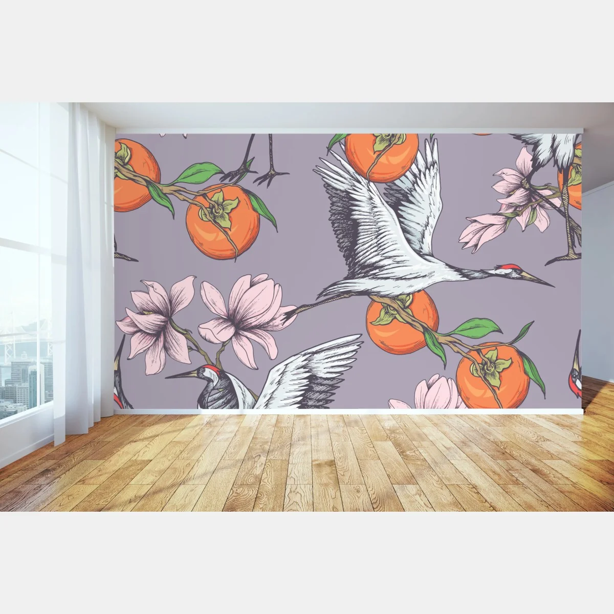 Fototapeta żurawie i kwiaty persymony – Wallissimo® Fototapeta żurawie i kwiaty persymony – Wallissimo®