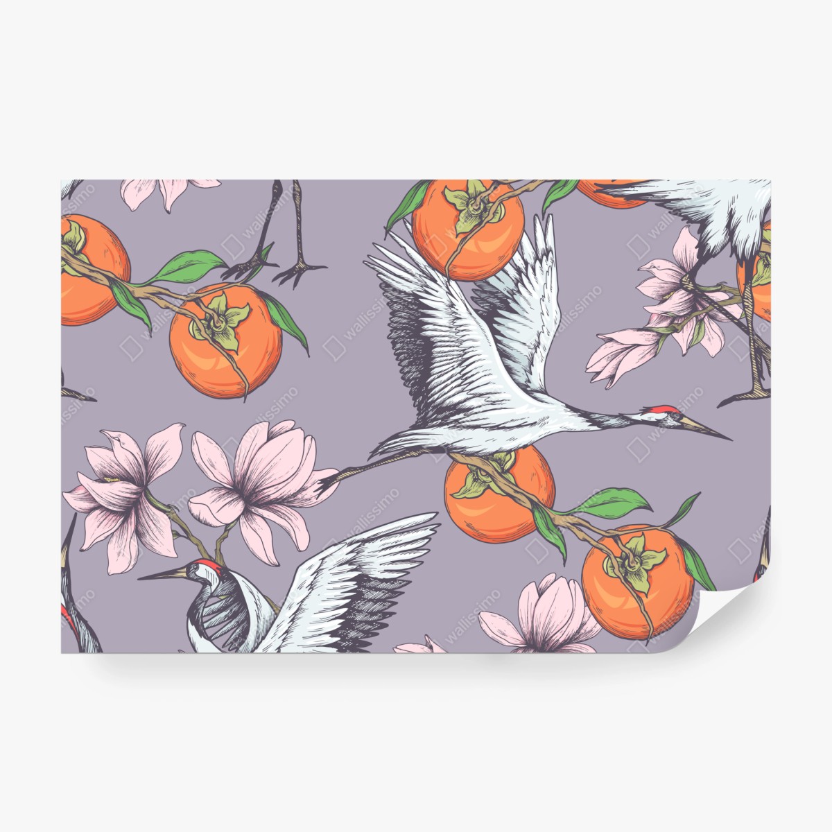 Fototapeta żurawie i kwiaty persymony – Wallissimo® Fototapeta żurawie i kwiaty persymony – Wallissimo®