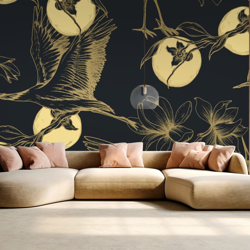 Fototapeta złote żurawie i księżycowy wzór – Wallissimo® Fototapeta złote żurawie i księżycowy wzór – Wallissimo®