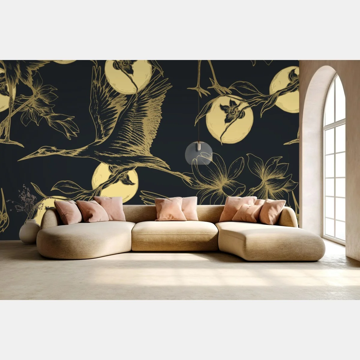 Fototapeta złote żurawie i księżycowy wzór – Wallissimo® Fototapeta złote żurawie i księżycowy wzór – Wallissimo®
