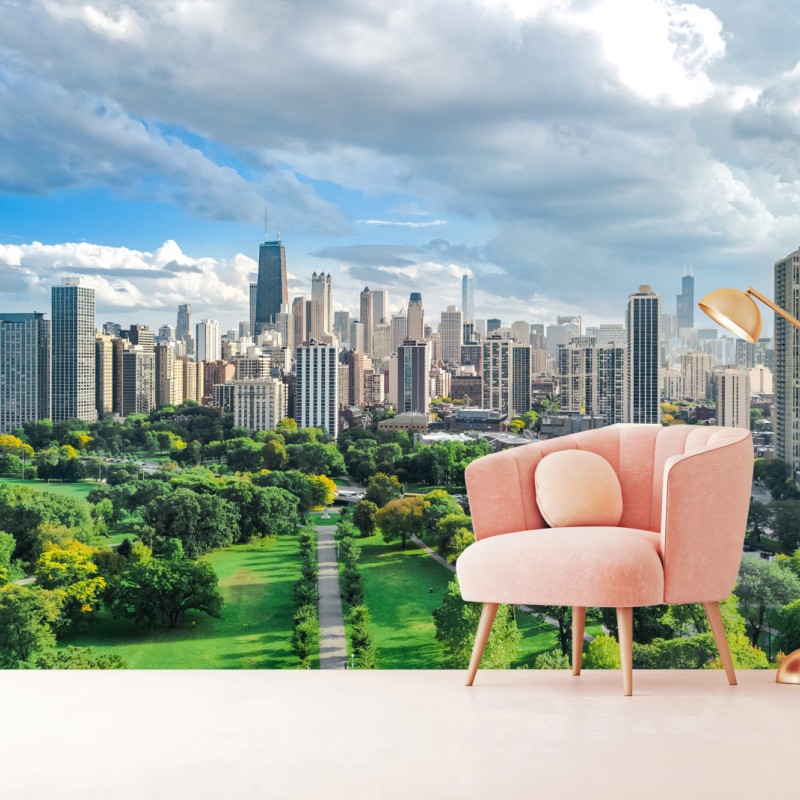 Fototapeta miejska panorama nad zielonym parkiem – Wallissimo® Fototapeta miejska panorama nad zielonym parkiem – Wallissimo®