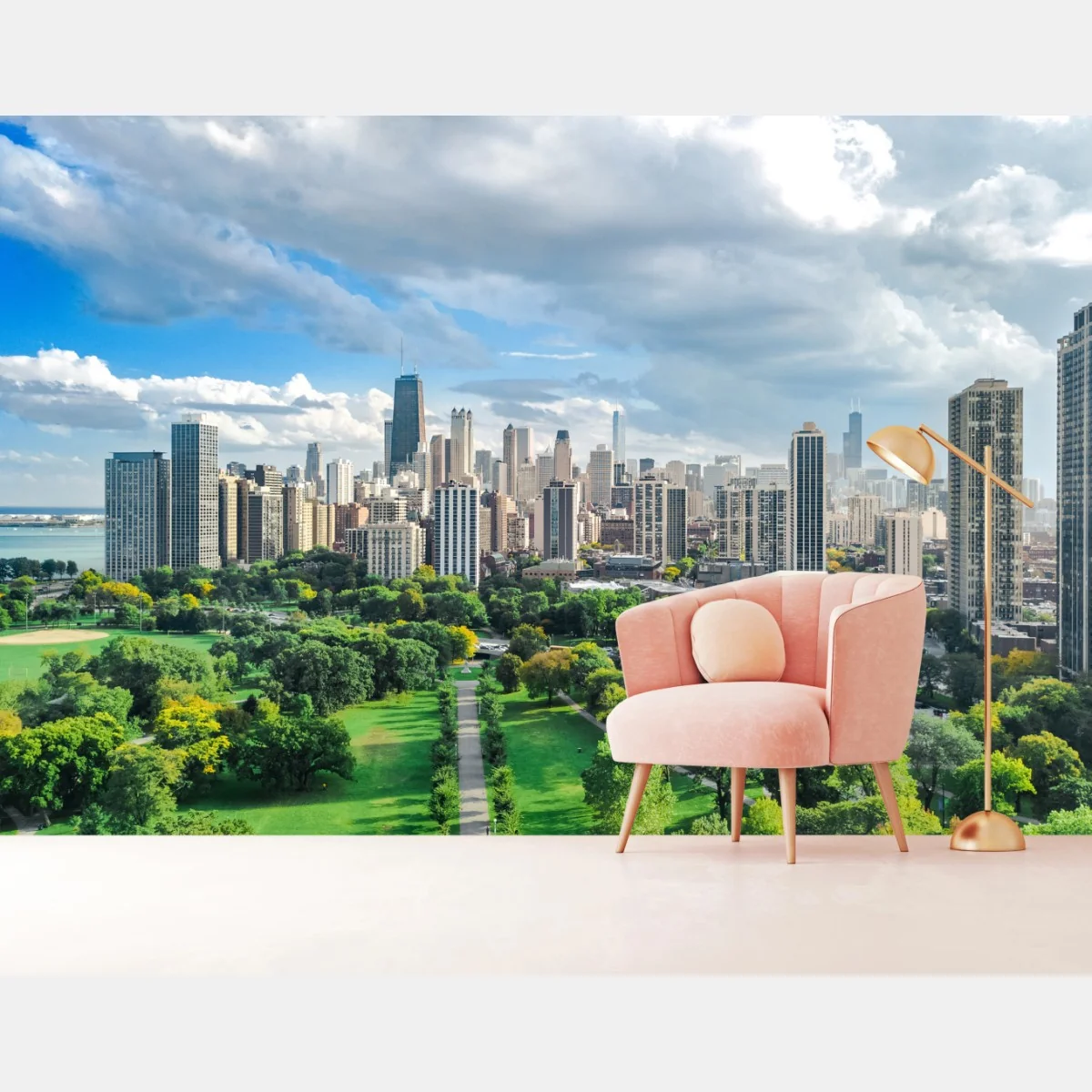 Fototapeta miejska panorama nad zielonym parkiem – Wallissimo® Fototapeta miejska panorama nad zielonym parkiem – Wallissimo®