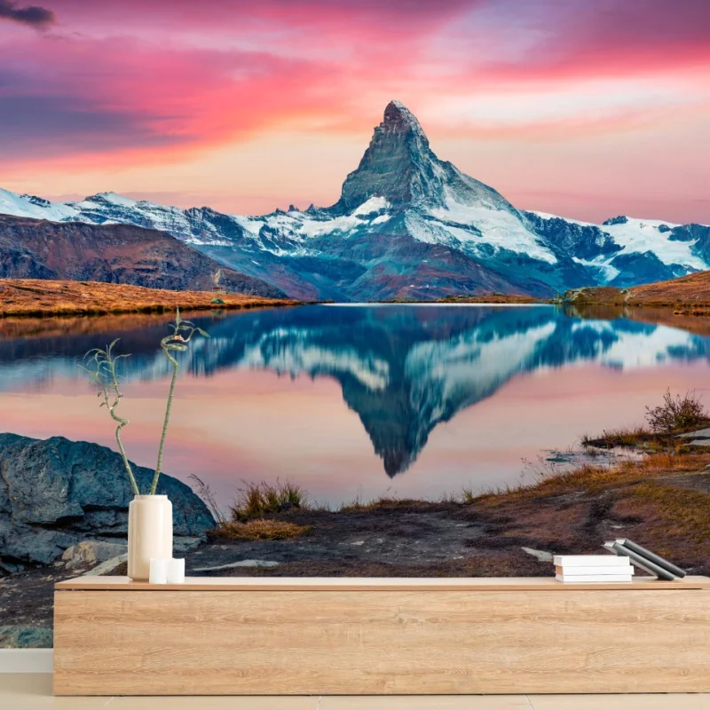 Fototapeta majestatyczny Matterhorn odbity w Stellisee – Wallissimo® Fototapeta majestatyczny Matterhorn odbity w Stellisee – Wallissimo®