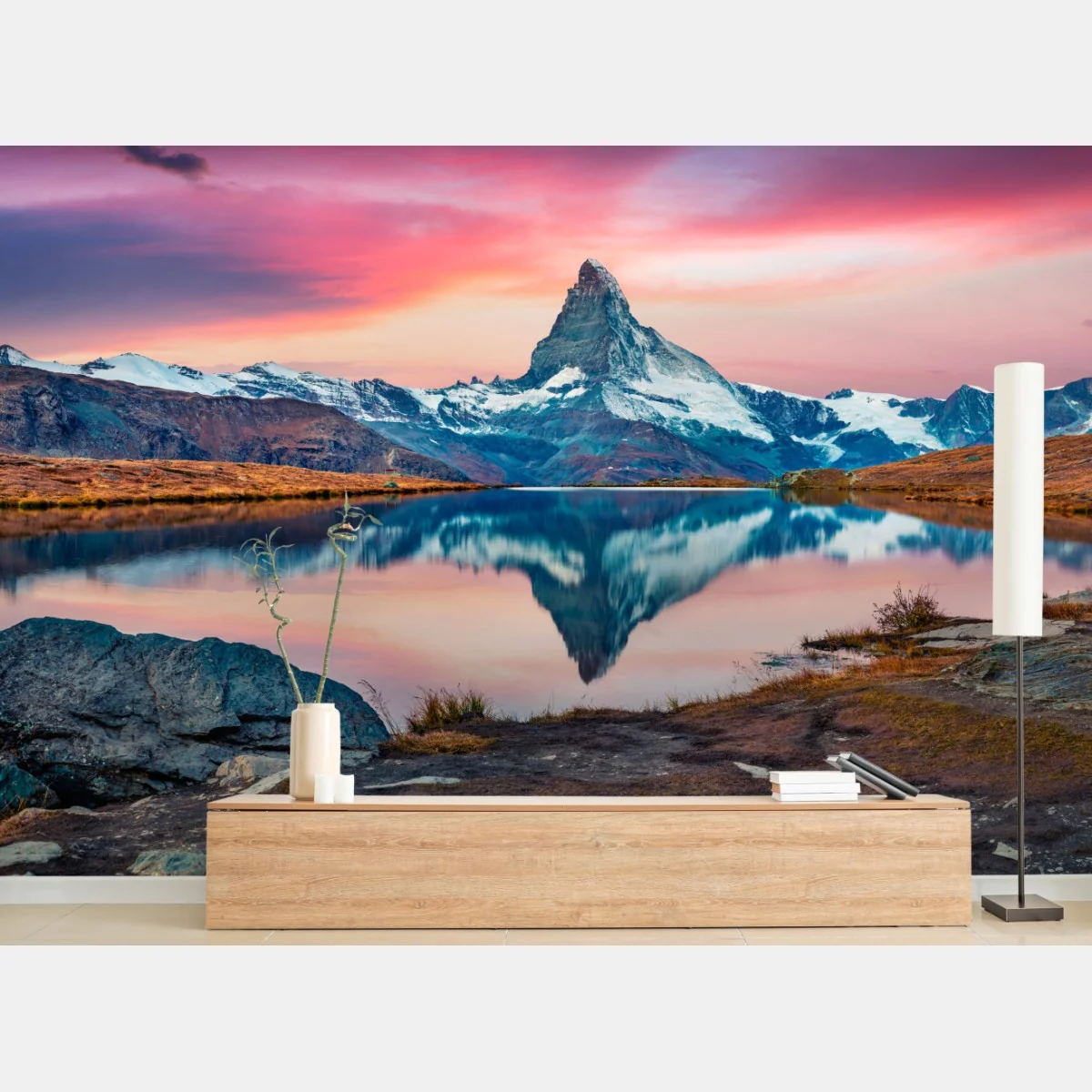 Fototapeta majestatyczny Matterhorn odbity w Stellisee – Wallissimo® Fototapeta majestatyczny Matterhorn odbity w Stellisee – Wallissimo®