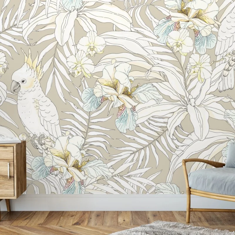 Fototapeta tropikalny wzór z kakadu i kwiatami – Wallissimo® Fototapeta tropikalny wzór z kakadu i kwiatami – Wallissimo®