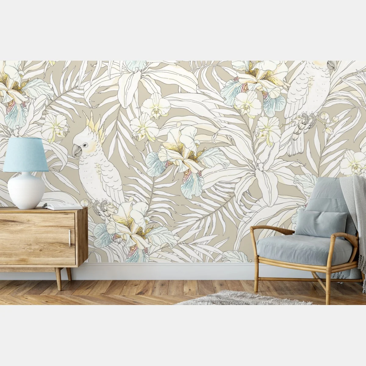 Fototapeta tropikalny wzór z kakadu i kwiatami – Wallissimo® Fototapeta tropikalny wzór z kakadu i kwiatami – Wallissimo®