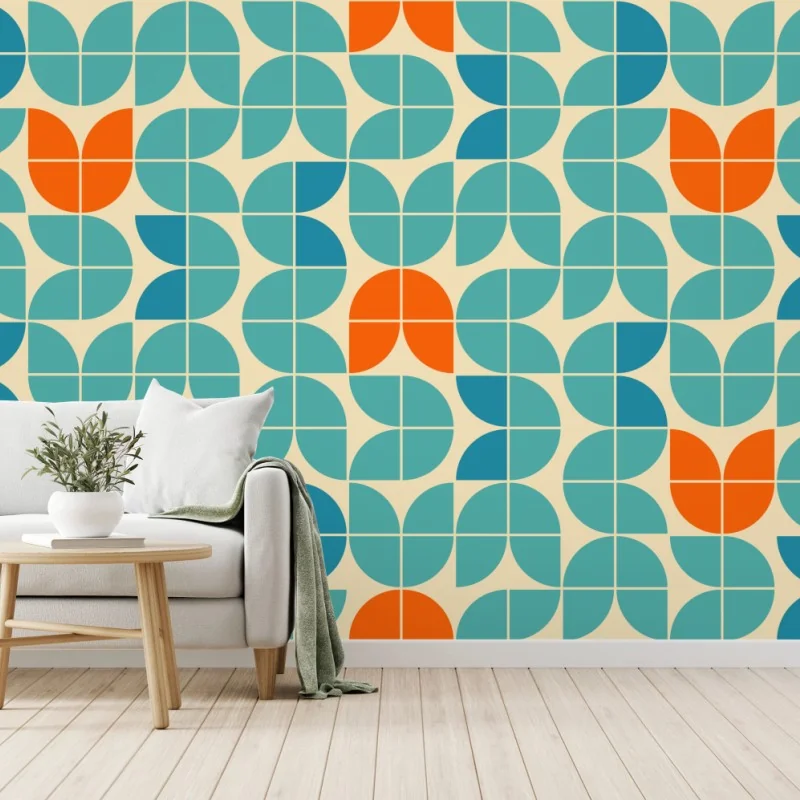Fototapeta retro geometryczny wzór kafelkowy w turkusie i pomarańczy – Wallissimo® Fototapeta retro geometryczny wzór kafelkowy w turkusie i pomarańczy – Wallissimo®