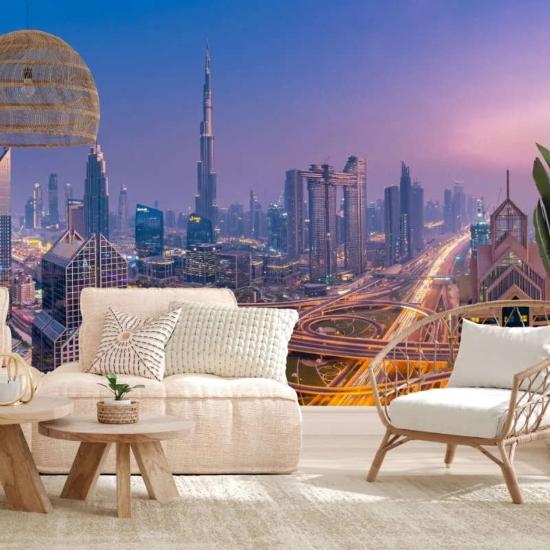 Fototapeta panoramiczny widok Dubaju o zmierzchu – Wallissimo® Fototapeta panoramiczny widok Dubaju o zmierzchu – Wallissimo®
