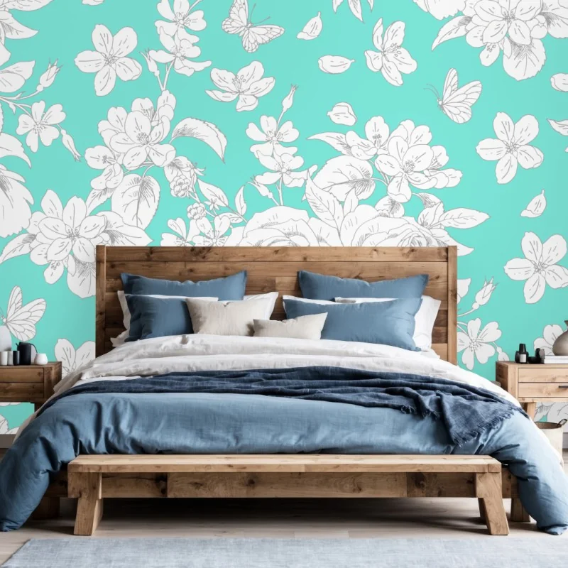 Fototapeta turkusowy wzór botaniczny z kwiatami – Wallissimo® Fototapeta turkusowy wzór botaniczny z kwiatami – Wallissimo®