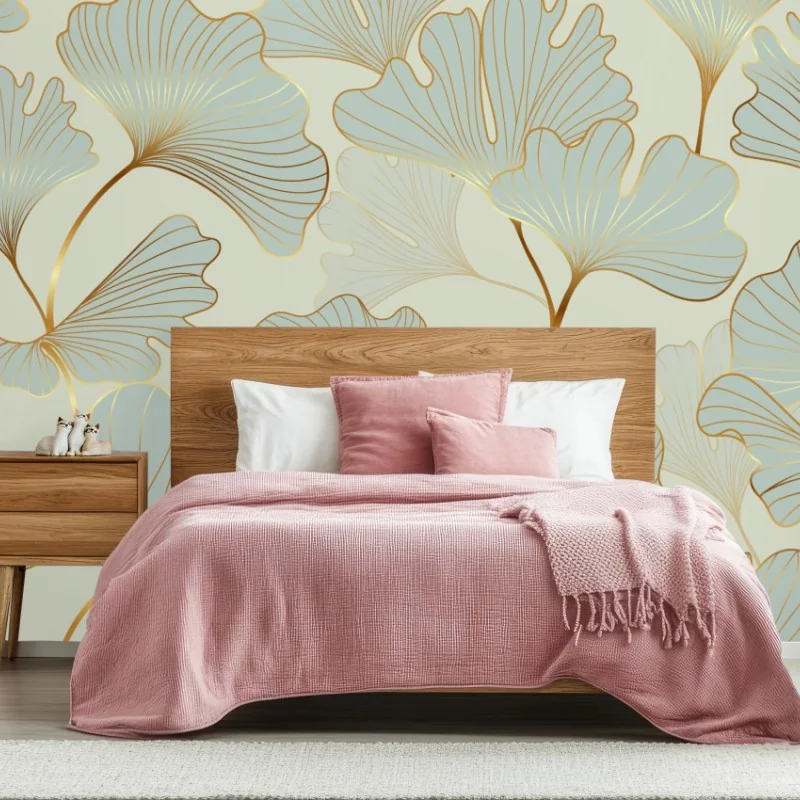 Fototapeta pastelowy wzór liści miłorzębu ze złotymi akcentami – Wallissimo® Fototapeta pastelowy wzór liści miłorzębu ze złotymi akcentami – Wallissimo®
