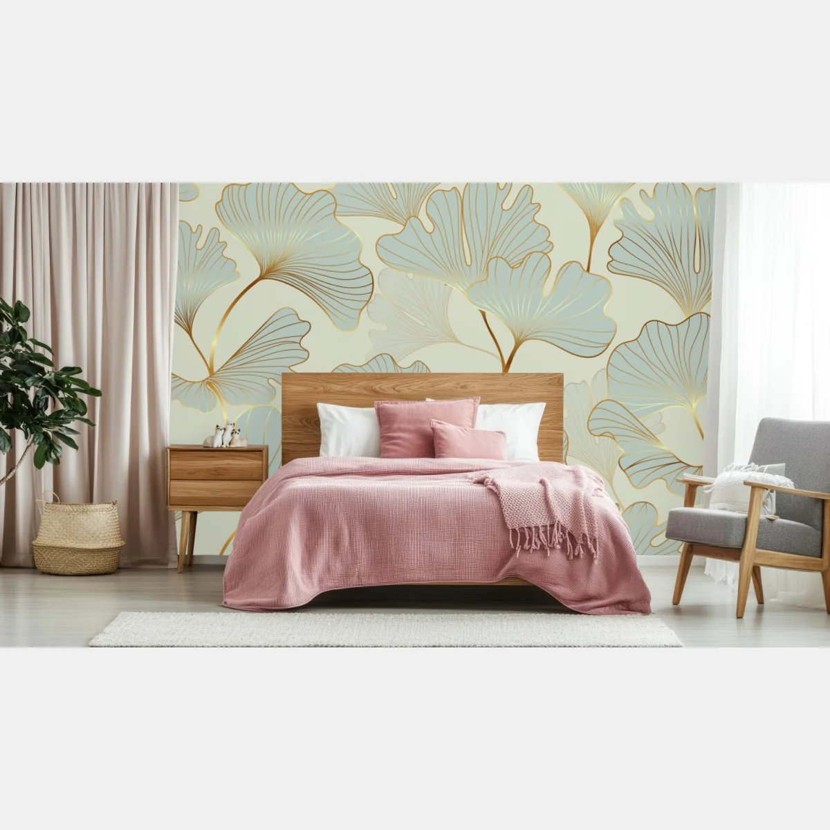 Fototapeta pastelowy wzór liści miłorzębu ze złotymi akcentami – Wallissimo® Fototapeta pastelowy wzór liści miłorzębu ze złotymi akcentami – Wallissimo®