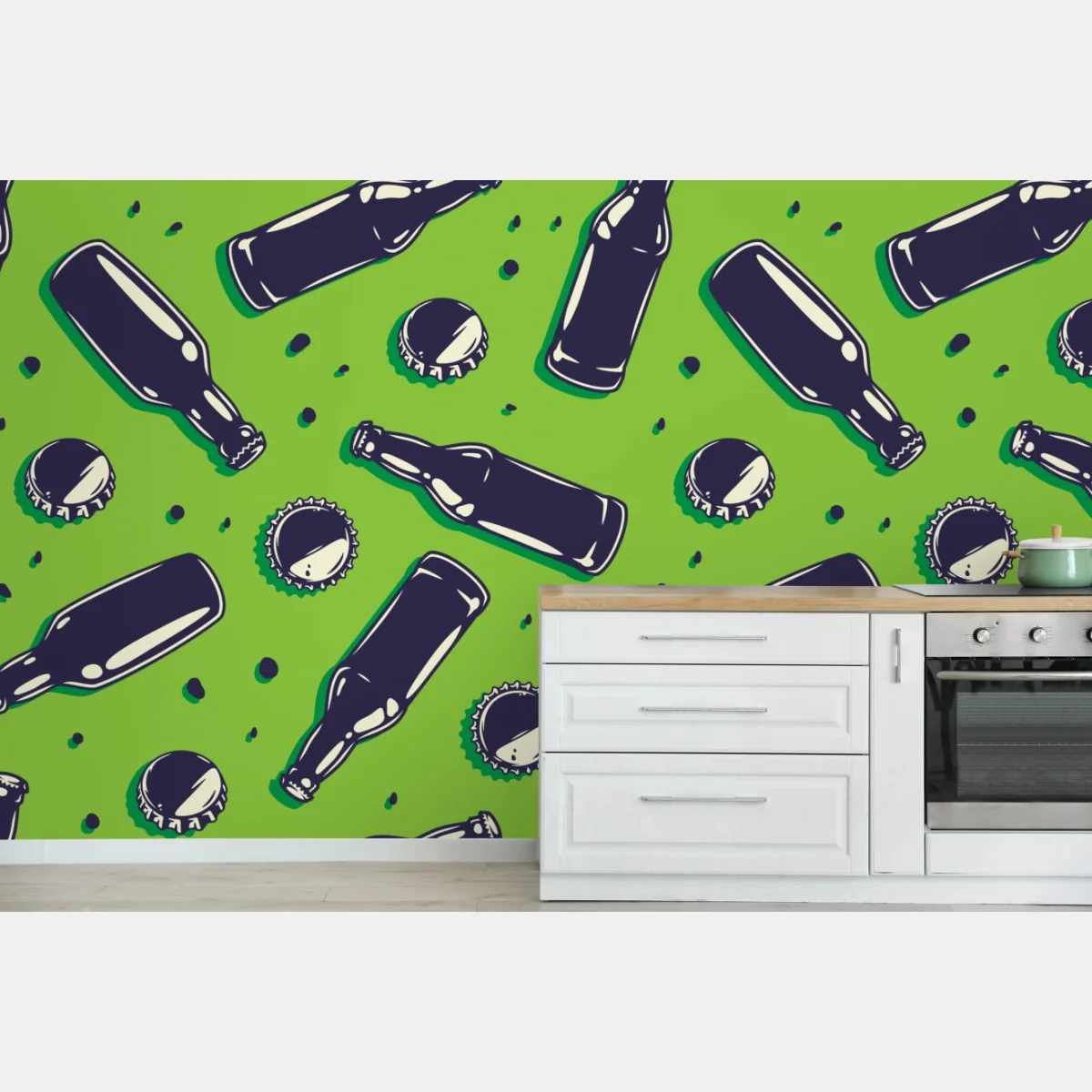 Fototapeta wzór butelek piwa w stylu pop art na zielonym tle – Wallissimo® Fototapeta wzór butelek piwa w stylu pop art na zielonym tle – Wallissimo®