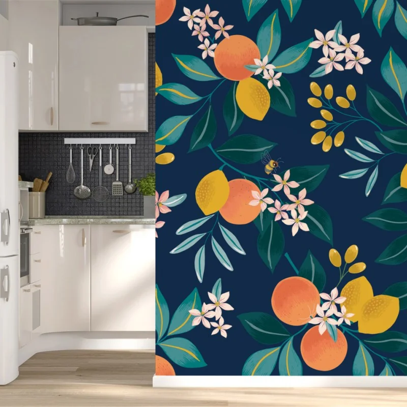 Fototapeta botaniczny wzór z kwiatami cytrusów na granatowym tle – Wallissimo® Fototapeta botaniczny wzór z kwiatami cytrusów na granatowym tle – Wallissimo®