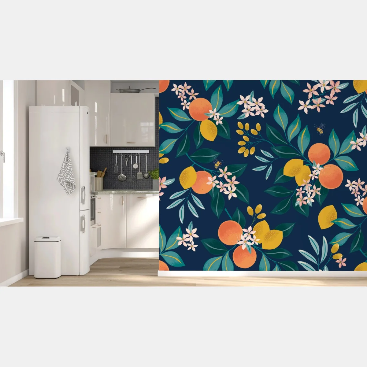 Fototapeta botaniczny wzór z kwiatami cytrusów na granatowym tle – Wallissimo® Fototapeta botaniczny wzór z kwiatami cytrusów na granatowym tle – Wallissimo®