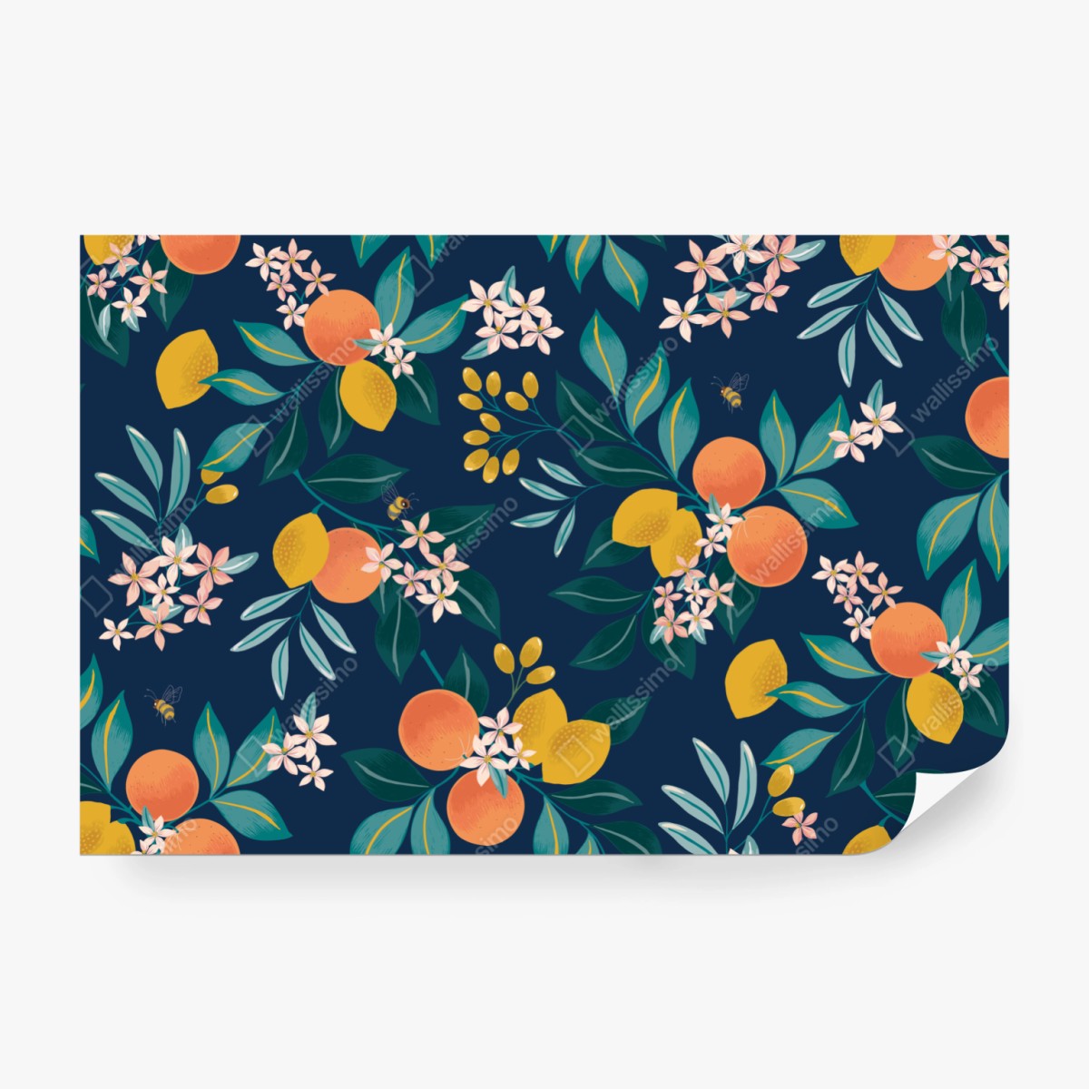 Fototapeta botaniczny wzór z kwiatami cytrusów na granatowym tle – Wallissimo® Fototapeta botaniczny wzór z kwiatami cytrusów na granatowym tle – Wallissimo®