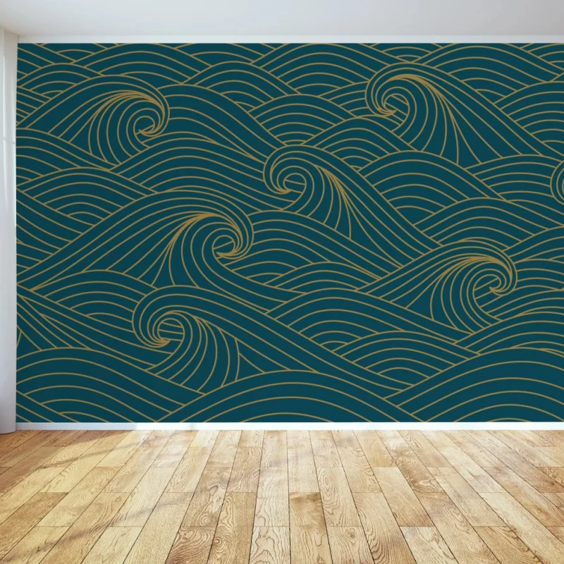 Fototapeta turkusowy wzór fal ze złotymi liniami – Wallissimo® Fototapeta turkusowy wzór fal ze złotymi liniami – Wallissimo®