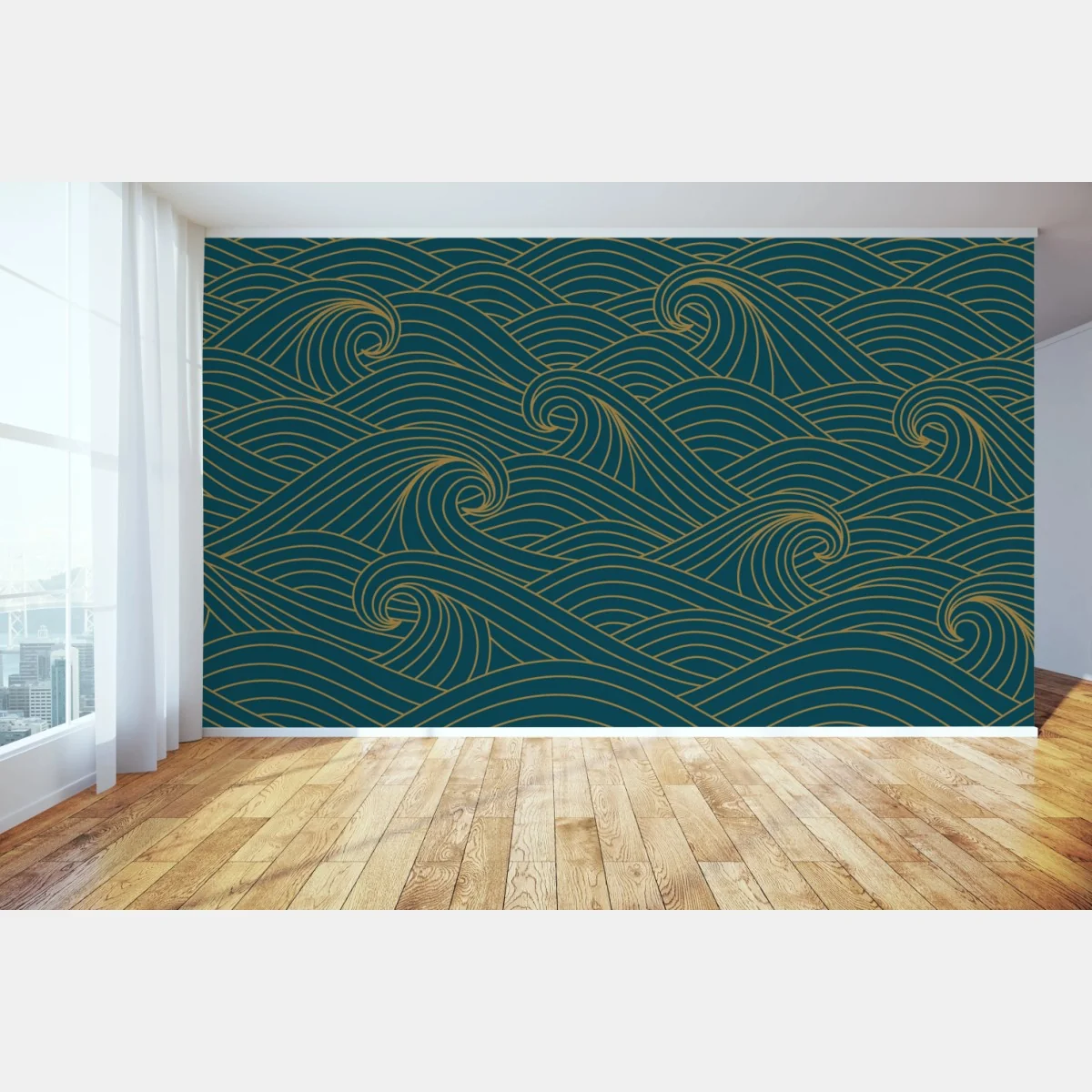 Fototapeta turkusowy wzór fal ze złotymi liniami – Wallissimo® Fototapeta turkusowy wzór fal ze złotymi liniami – Wallissimo®