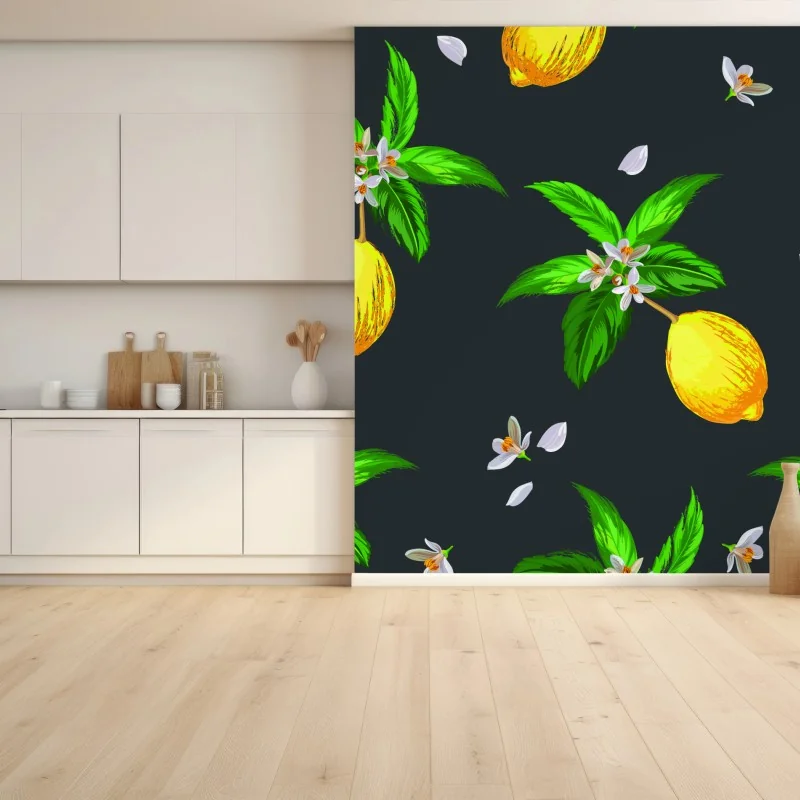 Fototapeta żywy wzór z cytrynami i liśćmi – Wallissimo® Fototapeta żywy wzór z cytrynami i liśćmi – Wallissimo®