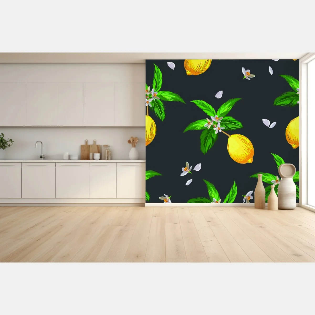 Fototapeta żywy wzór z cytrynami i liśćmi – Wallissimo® Fototapeta żywy wzór z cytrynami i liśćmi – Wallissimo®