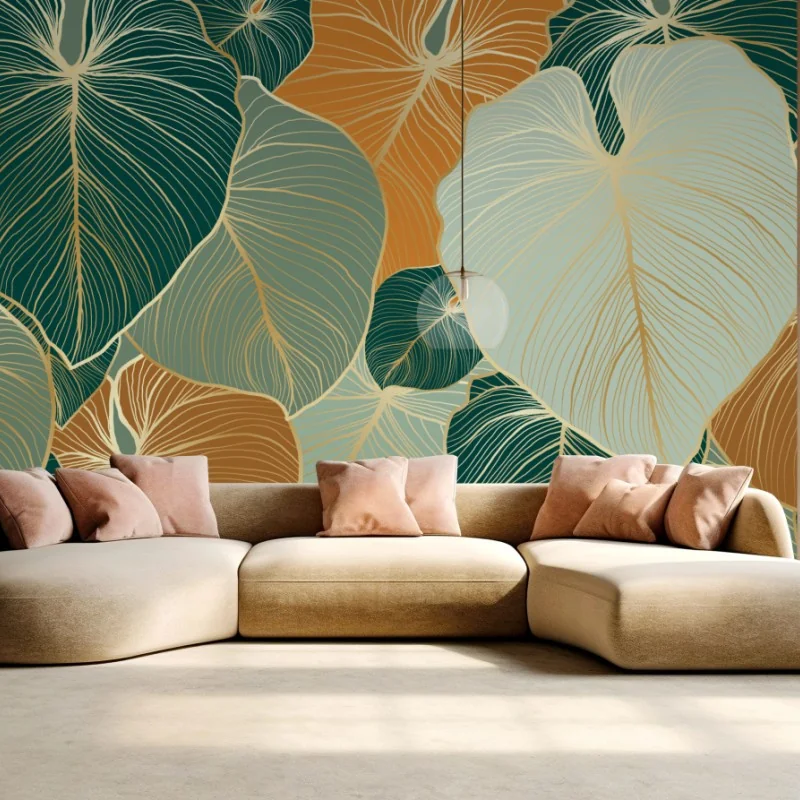 Fototapeta turkusowy i złoty botaniczny wzór liści – Wallissimo®