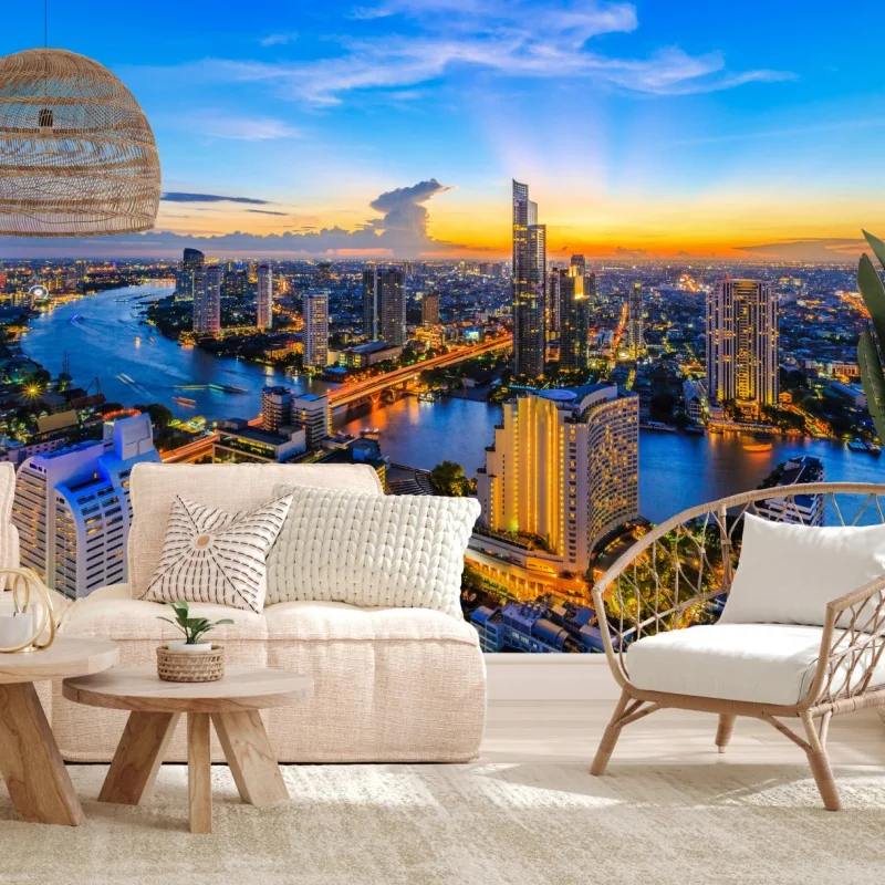 Fototapeta tętniąca życiem panorama miasta o zmierzchu – Wallissimo® Fototapeta tętniąca życiem panorama miasta o zmierzchu – Wallissimo®