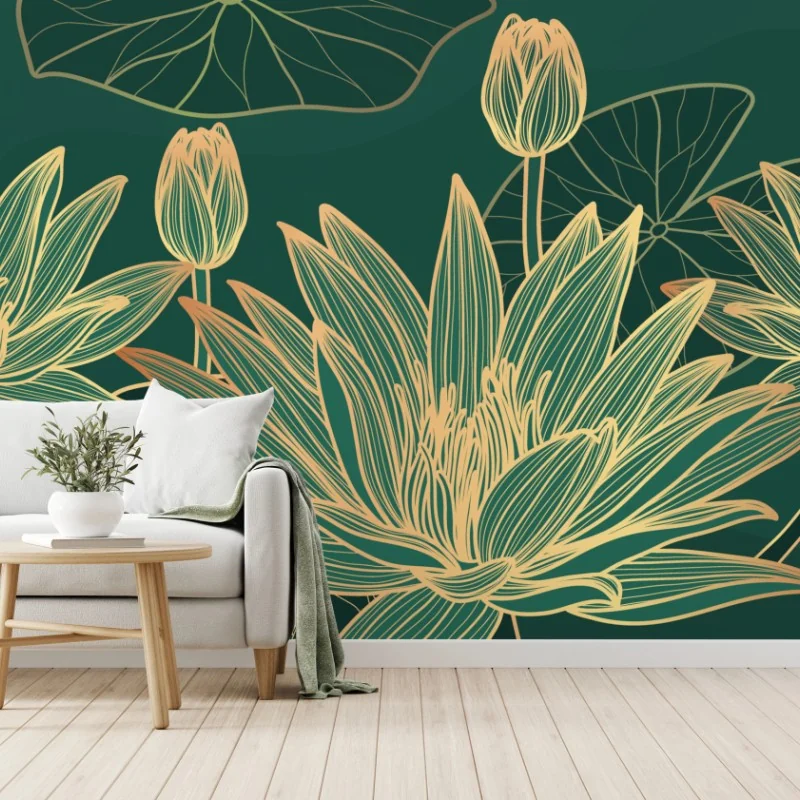 Fototapeta złote kwiaty lotosu na zielonym tle – Wallissimo® Fototapeta złote kwiaty lotosu na zielonym tle – Wallissimo®