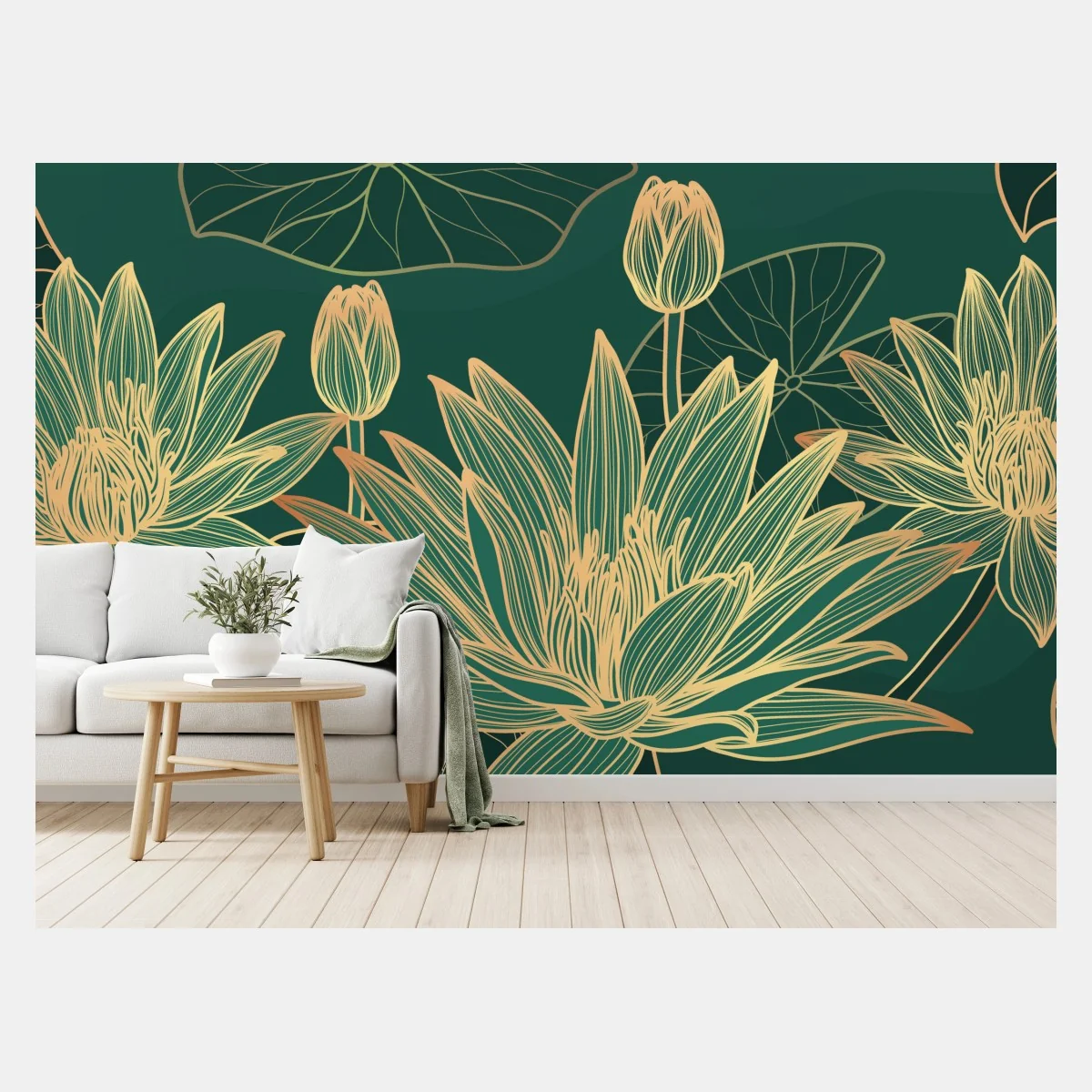 Fototapeta złote kwiaty lotosu na zielonym tle – Wallissimo® Fototapeta złote kwiaty lotosu na zielonym tle – Wallissimo®