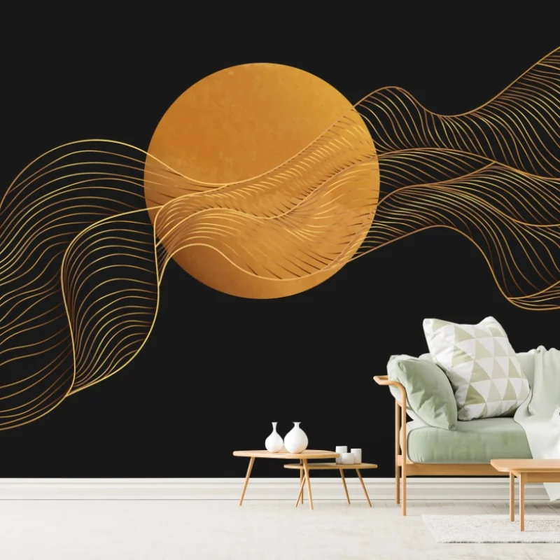 Fototapeta złote fale na czarnym tle — abstrakcyjna kompozycja – Wallissimo® Fototapeta złote fale na czarnym tle — abstrakcyjna kompozycja – Wallissimo®
