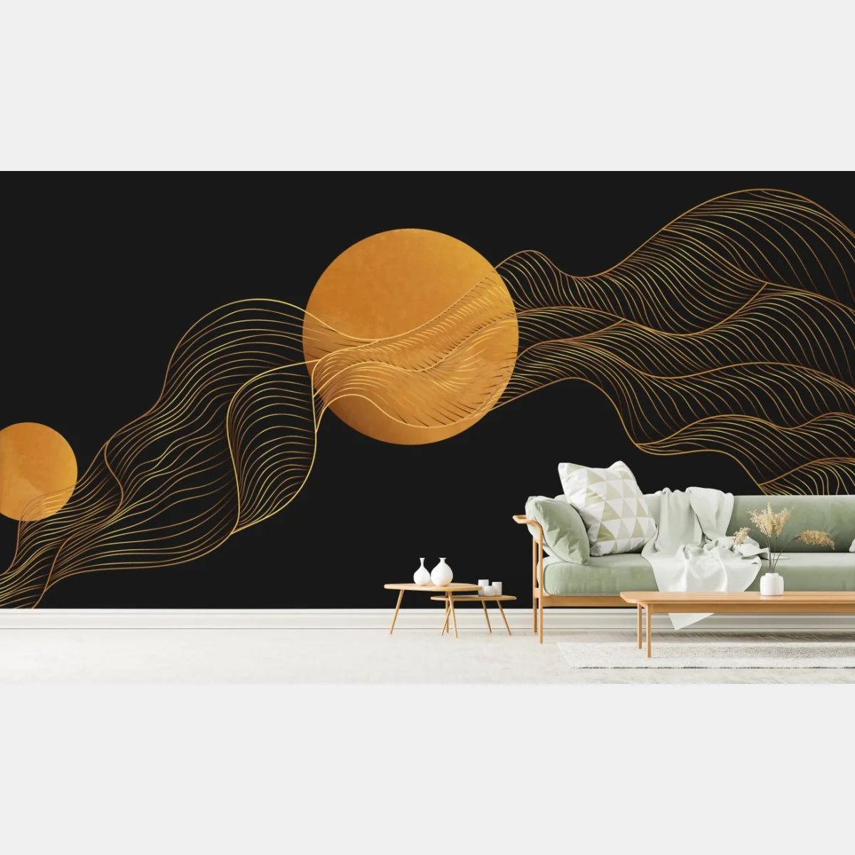 Fototapeta złote fale na czarnym tle — abstrakcyjna kompozycja – Wallissimo® Fototapeta złote fale na czarnym tle — abstrakcyjna kompozycja – Wallissimo®