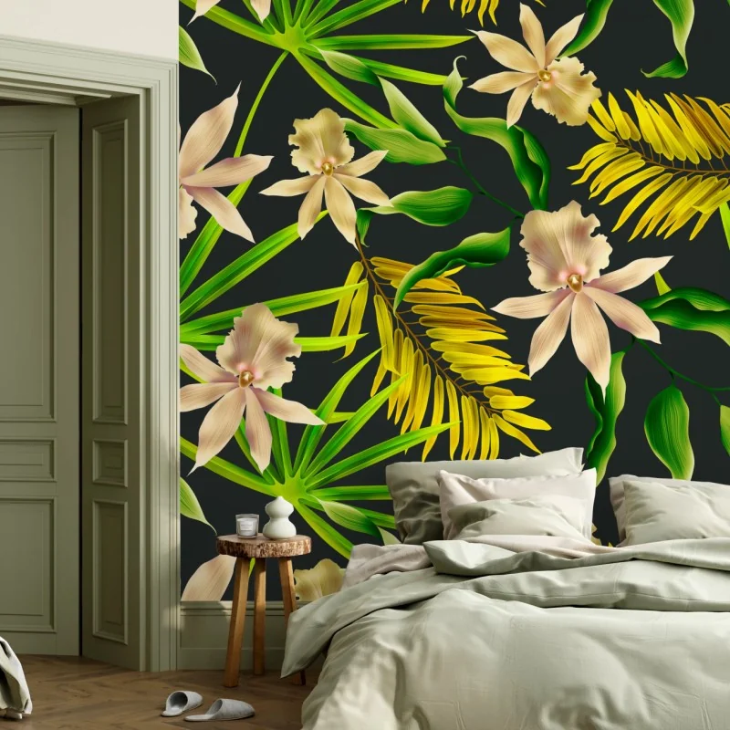 Fototapeta tropikalny wzór storczyków na ciemnym tle – Wallissimo® Fototapeta tropikalny wzór storczyków na ciemnym tle – Wallissimo®