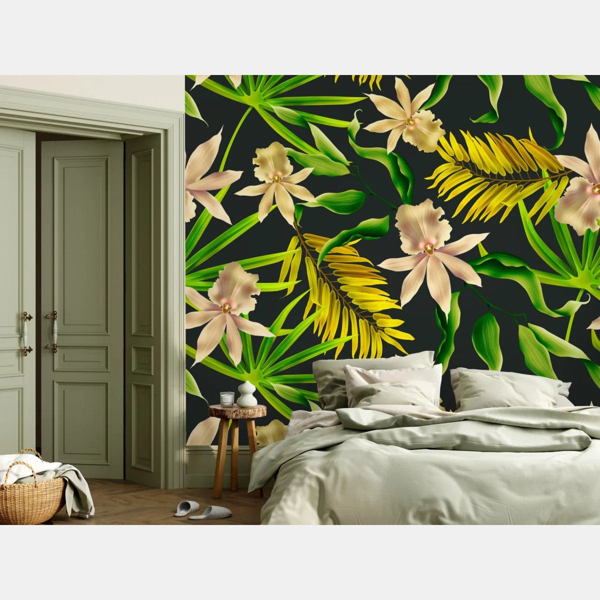 Fototapeta tropikalny wzór storczyków na ciemnym tle – Wallissimo® Fototapeta tropikalny wzór storczyków na ciemnym tle – Wallissimo®