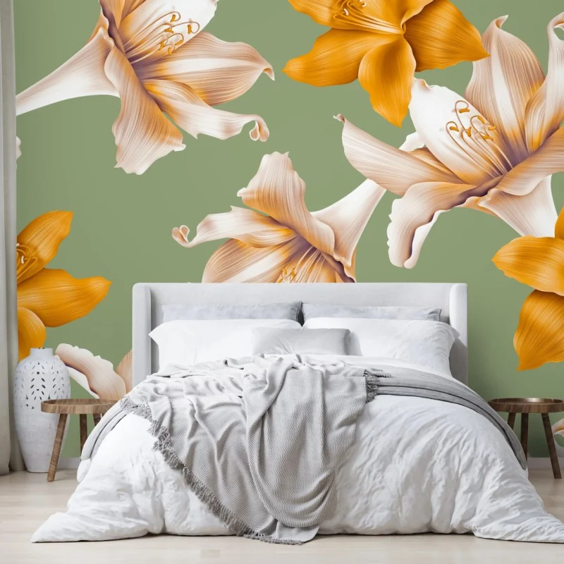 Fototapeta złote lilie wzór botaniczny – Wallissimo® Fototapeta złote lilie wzór botaniczny – Wallissimo®