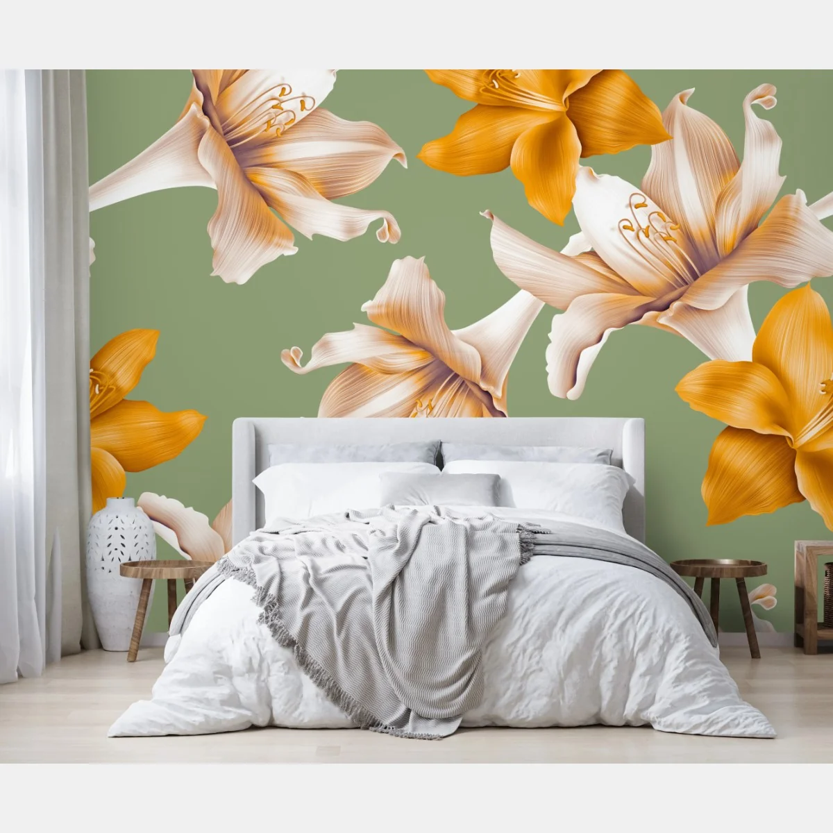 Fototapeta złote lilie wzór botaniczny – Wallissimo® Fototapeta złote lilie wzór botaniczny – Wallissimo®