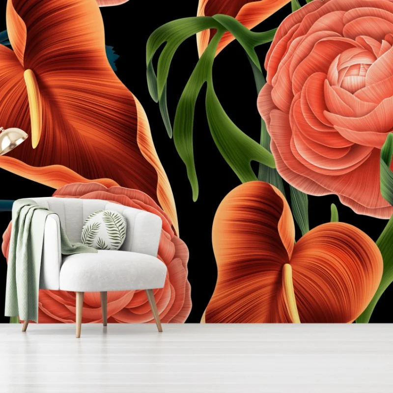 Fototapeta intensywny koralowy wzór kwiatowy na czarnym tle – Wallissimo® Fototapeta intensywny koralowy wzór kwiatowy na czarnym tle – Wallissimo®