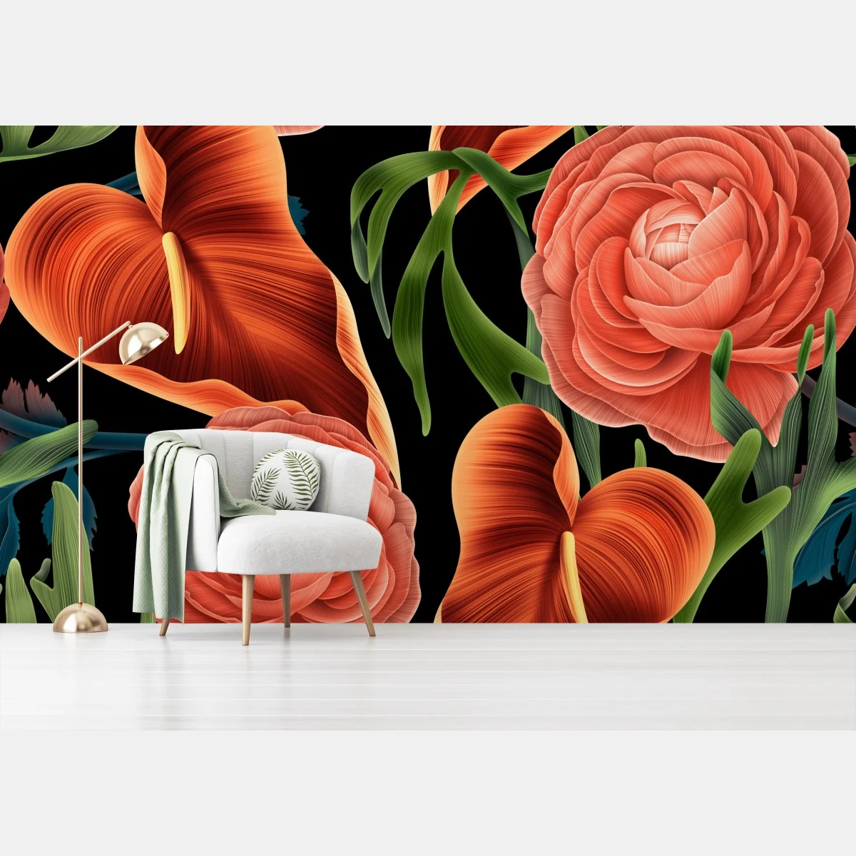 Fototapeta intensywny koralowy wzór kwiatowy na czarnym tle – Wallissimo® Fototapeta intensywny koralowy wzór kwiatowy na czarnym tle – Wallissimo®