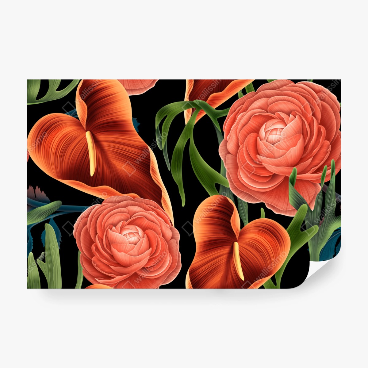 Fototapeta intensywny koralowy wzór kwiatowy na czarnym tle – Wallissimo® Fototapeta intensywny koralowy wzór kwiatowy na czarnym tle – Wallissimo®