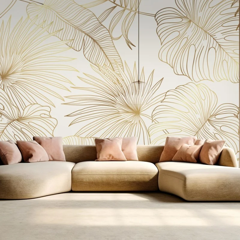 Fototapeta złote tropikalne liście na beżowym tle – Wallissimo® Fototapeta złote tropikalne liście na beżowym tle – Wallissimo®