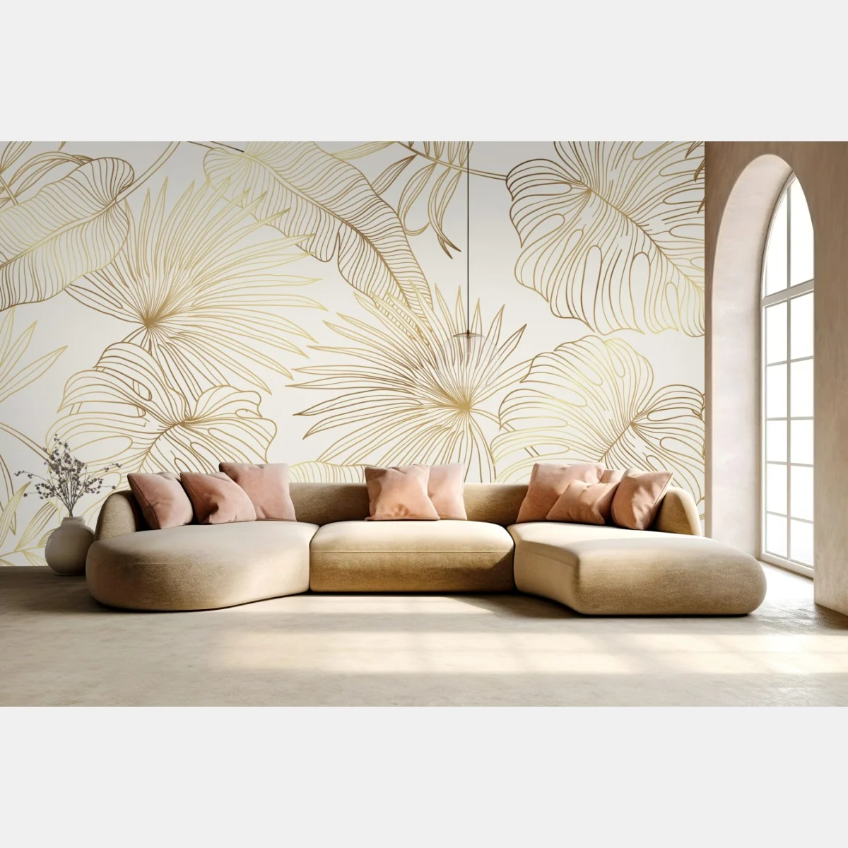 Fototapeta złote tropikalne liście na beżowym tle – Wallissimo® Fototapeta złote tropikalne liście na beżowym tle – Wallissimo®