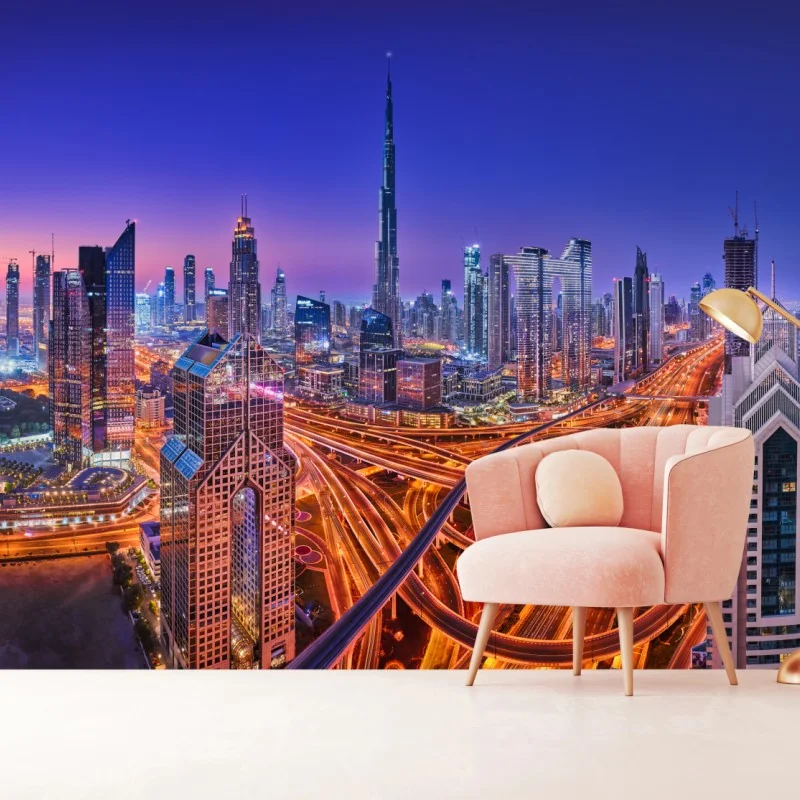 Fototapeta Dubaj nocą: panorama miejskich świateł – Wallissimo® Fototapeta Dubaj nocą: panorama miejskich świateł – Wallissimo®