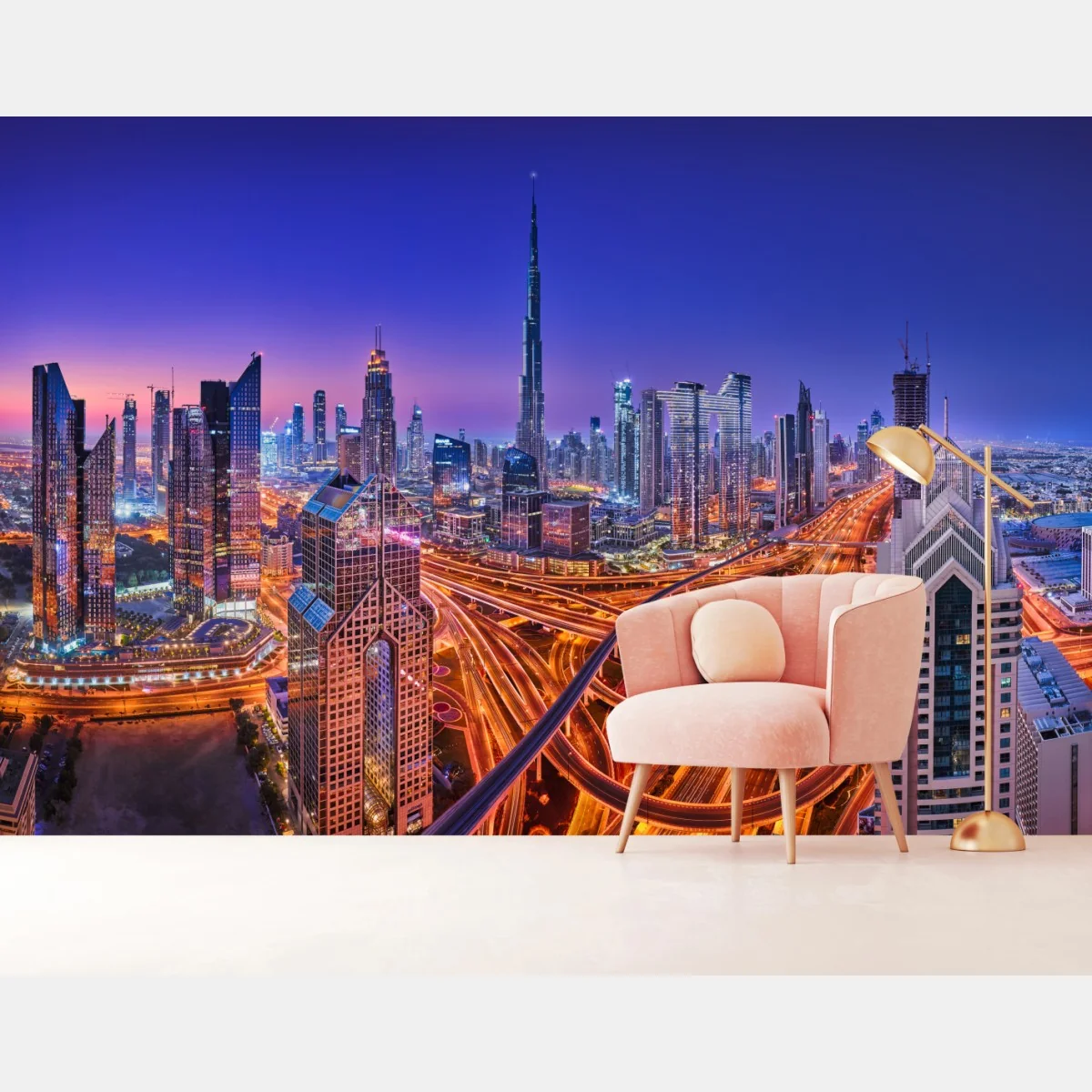 Fototapeta Dubaj nocą: panorama miejskich świateł – Wallissimo® Fototapeta Dubaj nocą: panorama miejskich świateł – Wallissimo®