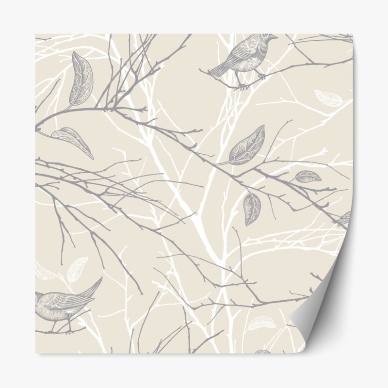 Naklejka repozycjonowalna delikatny beżowy wzór z ptakami i gałęziami