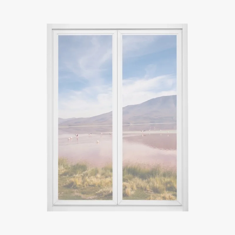 Naklejka na okno różowa laguna z flamingami i odbiciem gór