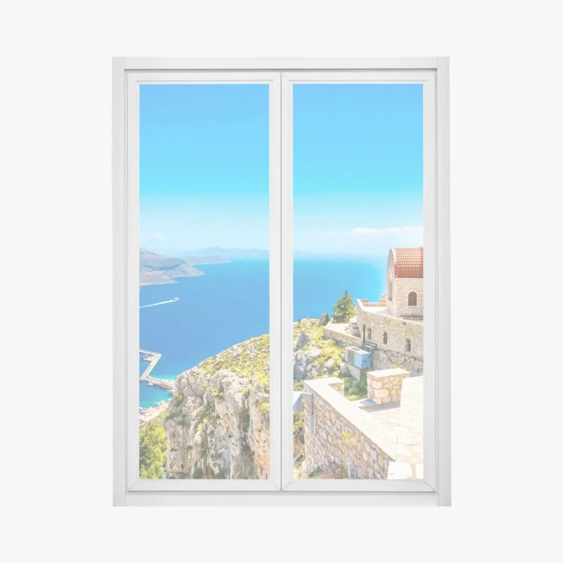 Naklejka na okno grecki kościół na klifie nad morzem