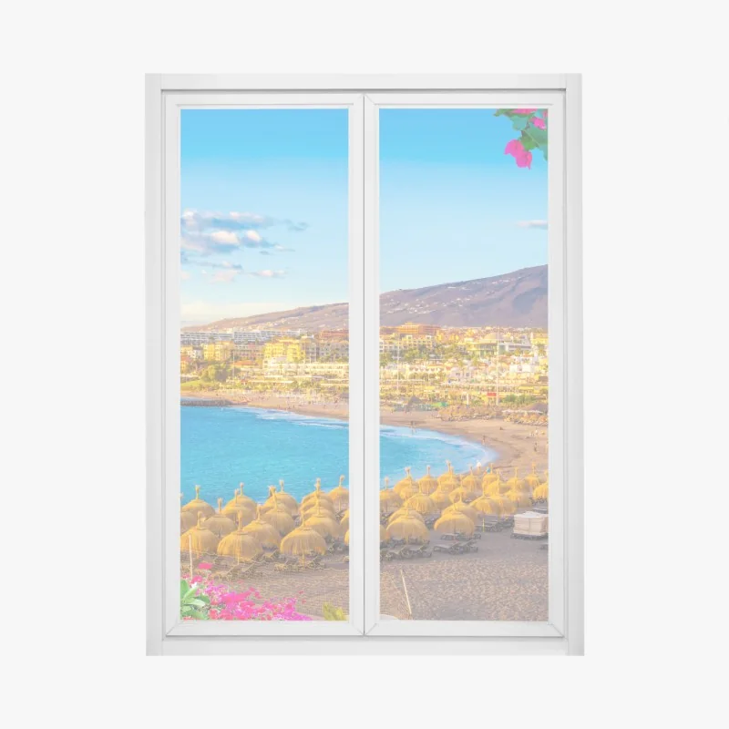 Naklejka na okno śródziemnomorska promenada z pastelowymi kamienicami – Wallissimo®