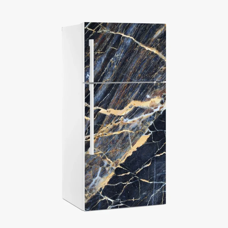 Naklejka na lodówkę ciemny marmur ze złotymi i kremowymi żyłami
