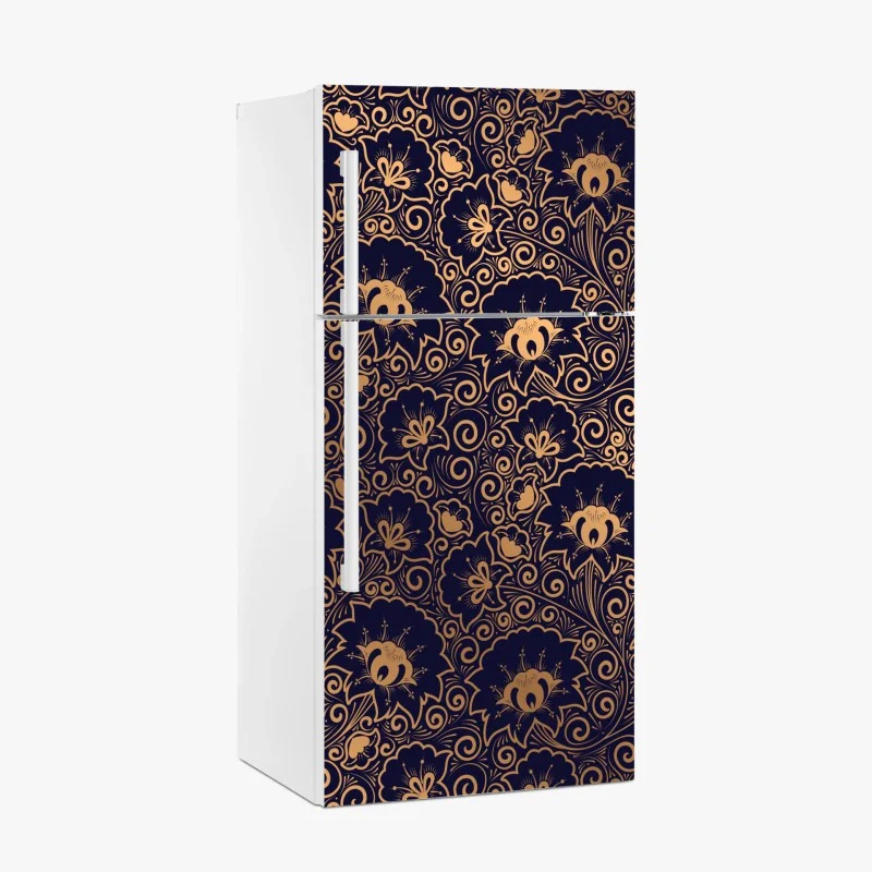 Naklejka na lodówkę luksusowy złoty wzór kwiatowy na ciemnym tle